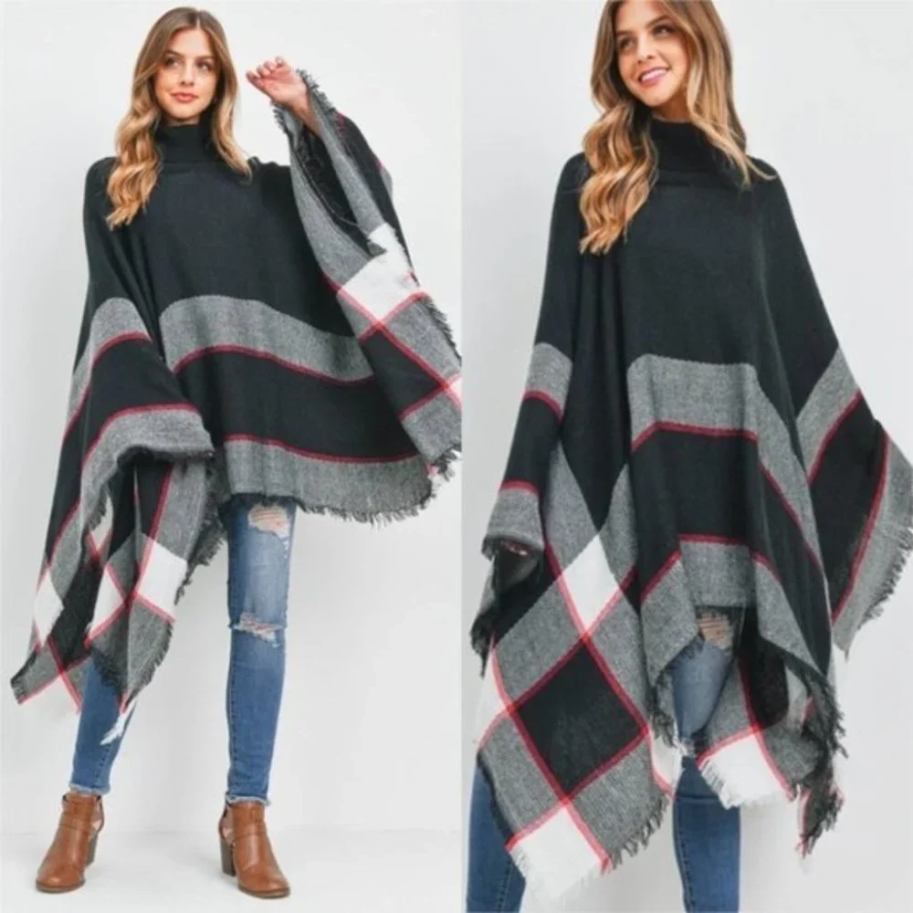 CHIC Plaid Print Knit Turtleneck Poncho Top - Picture 1 of 7